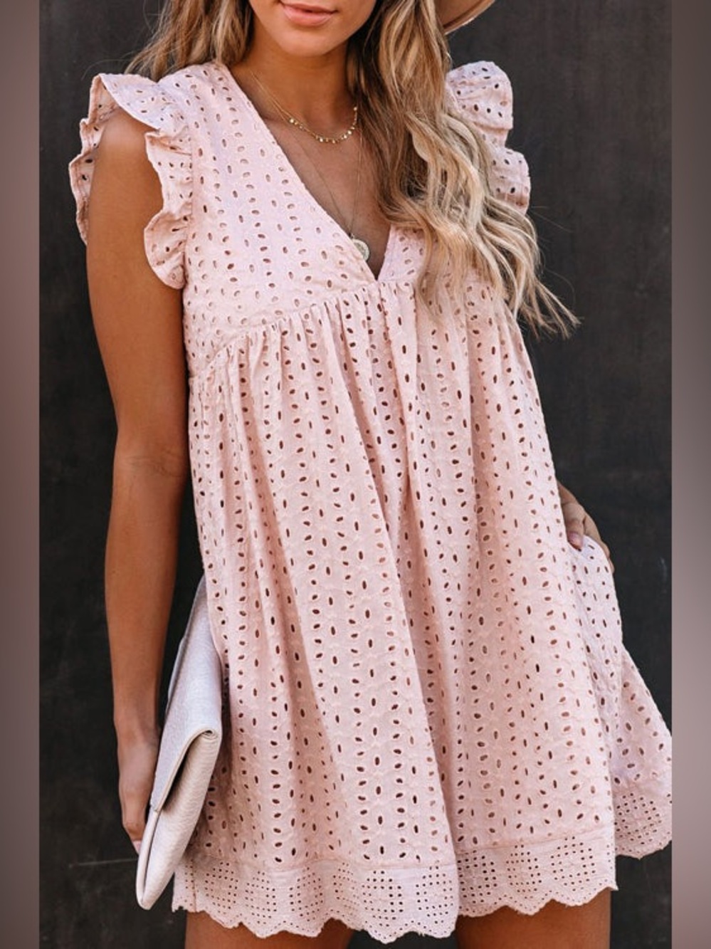 Mustard Seed Blush Pink Eyelet Romper Dress Cottagecore Babydoll Mini Dress S 36